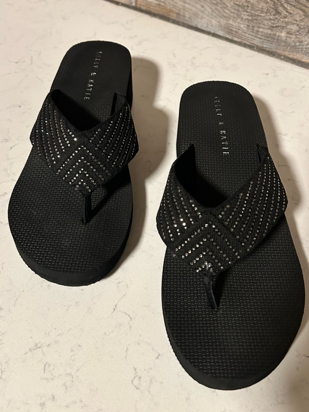 Kelly & Katie Black Wedge Flip Flop Thong Platform Sandal with Rhinestone Accent - Picture 12 of 16